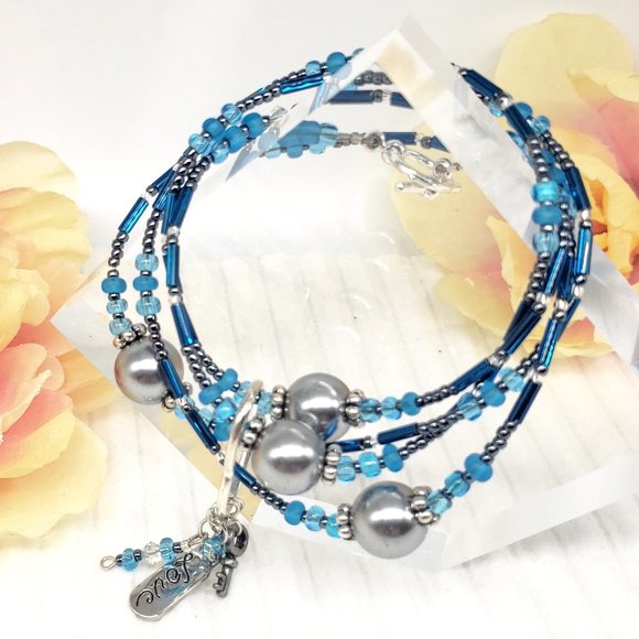 Dark Blue Hematite & Heart Charm Dangle Boho Wrap Bracelet/Necklace Earrings Set - Picture 1 of 17